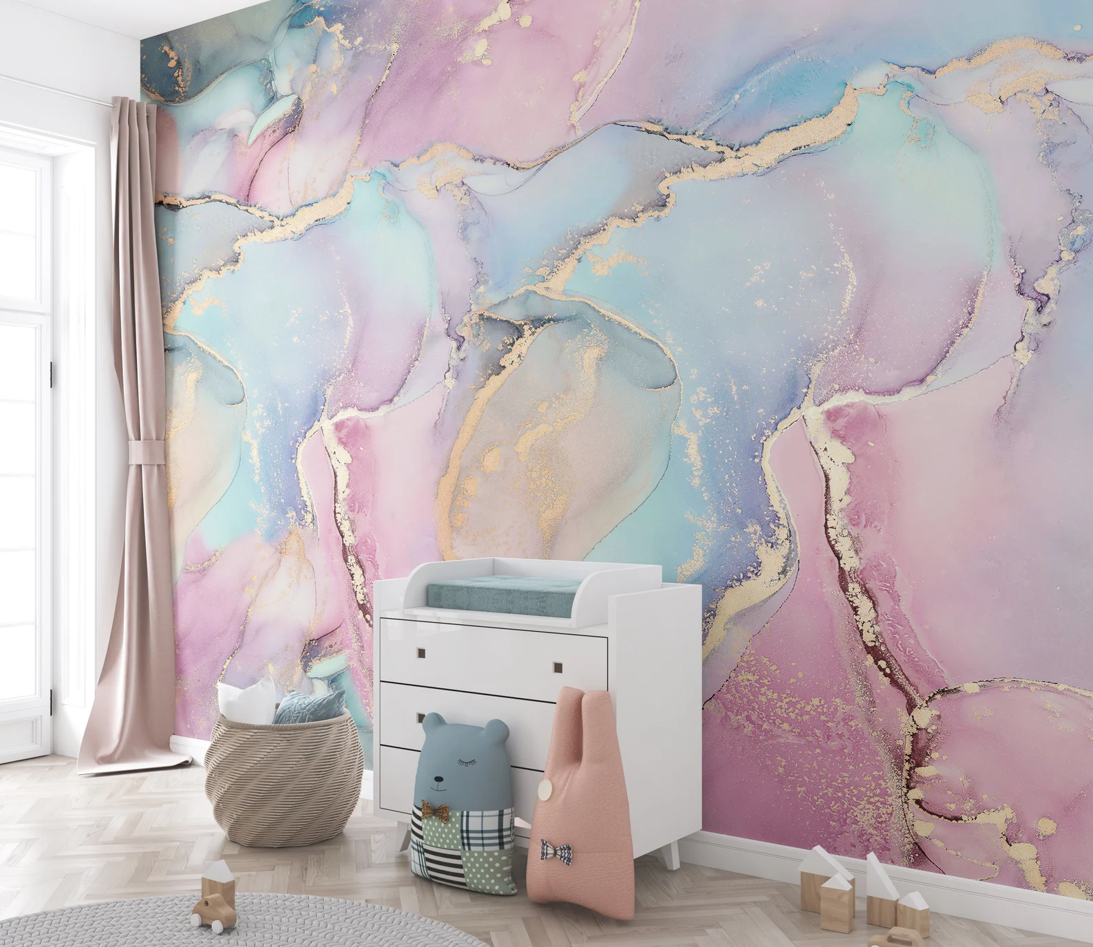 Pastel Marble Wallpaper Mural, Blue Pink Gold, Peel and Stick