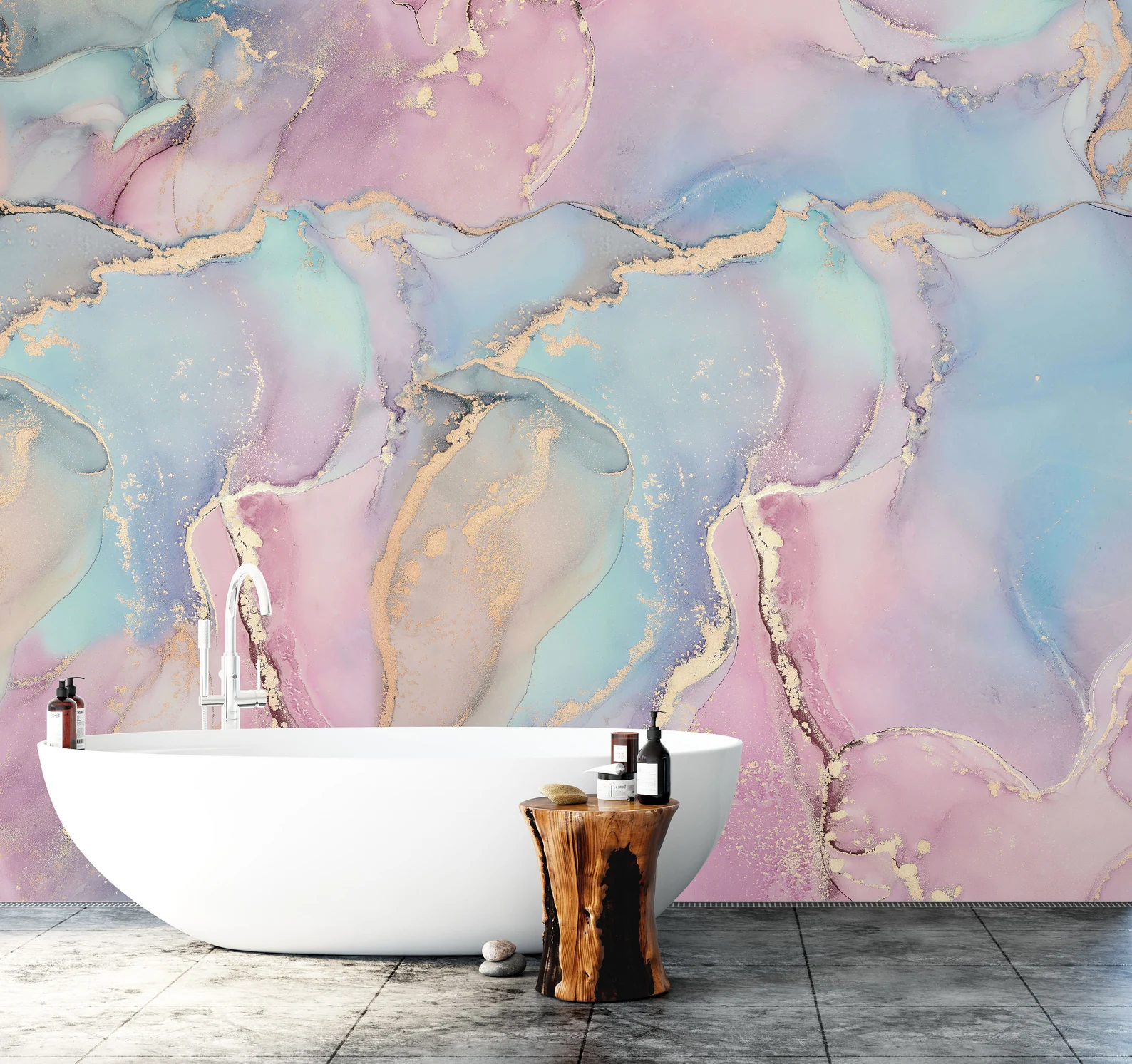 Pastel Marble Wallpaper Mural, Blue Pink Gold, Peel and Stick