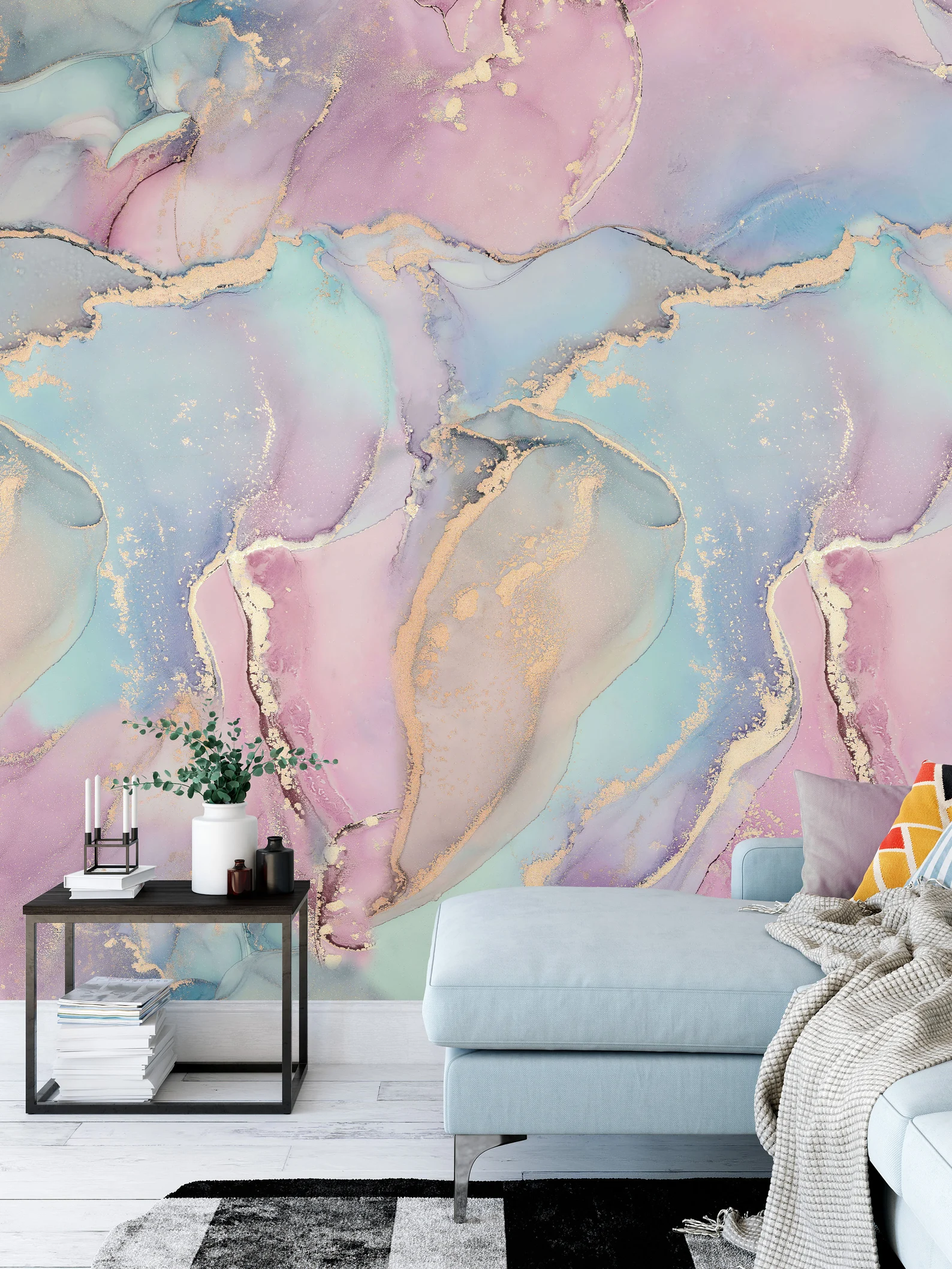 Pastel Marble Wallpaper Mural, Blue Pink Gold, Peel and Stick