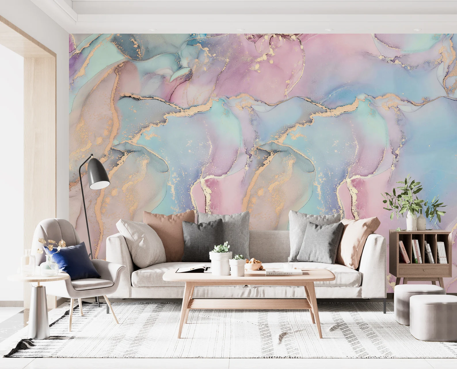Pastel Marble Wallpaper Mural, Blue Pink Gold, Peel and Stick