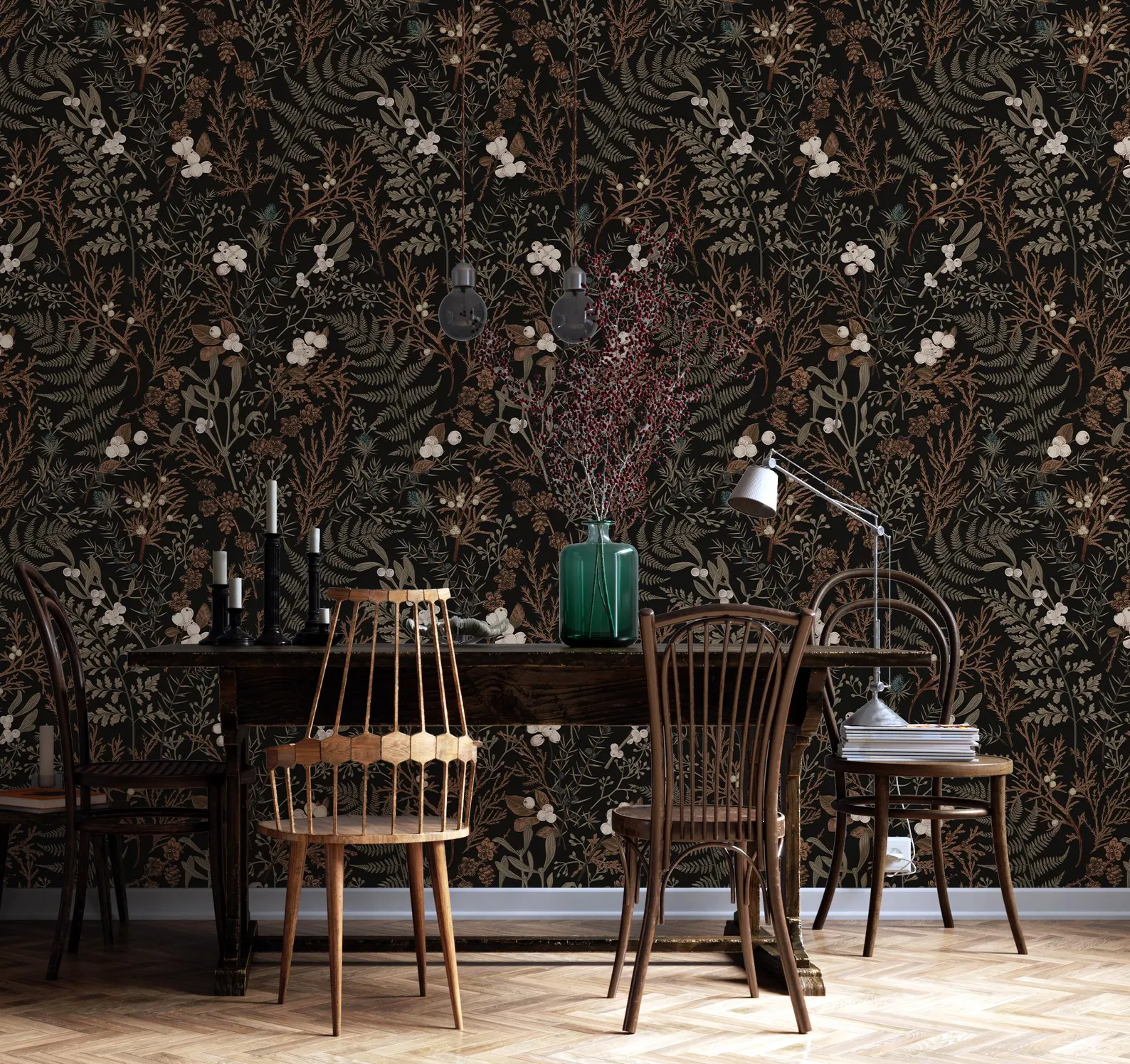 Dark Floral Leaf Wallpaper Mural, Peel and Stick Wall Decal