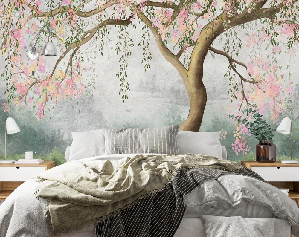 Watercolor Tree Floral Wallpaper, Green Leaves, Pink Flowers, Peel and Stick
