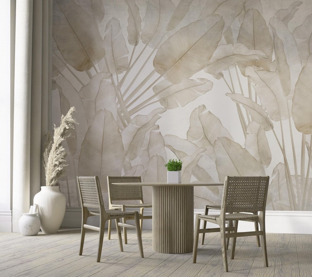 Beige Banana Leaves Wallpaper Mural, Tropical Wall Print