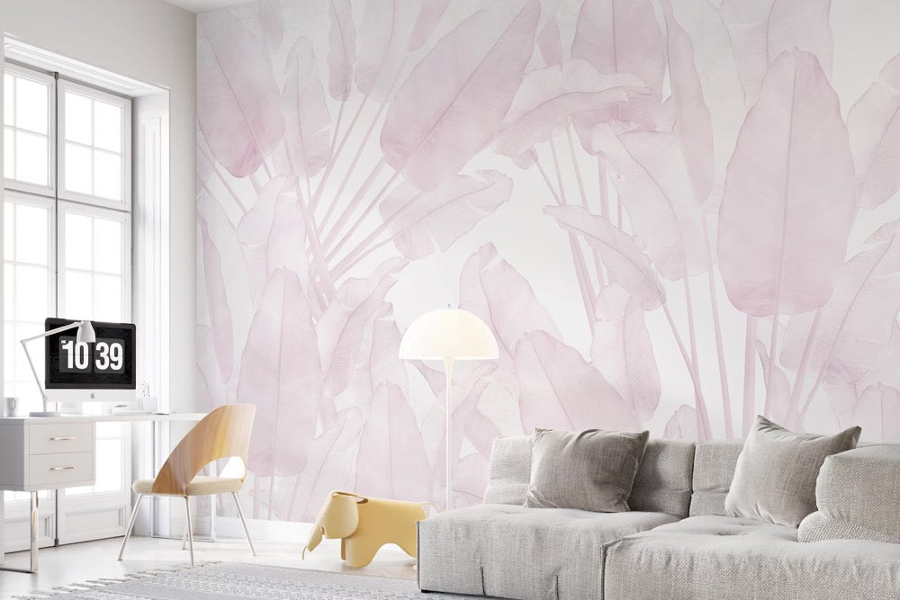 Beige Banana Leaves Wallpaper Mural, Tropical Wall Print