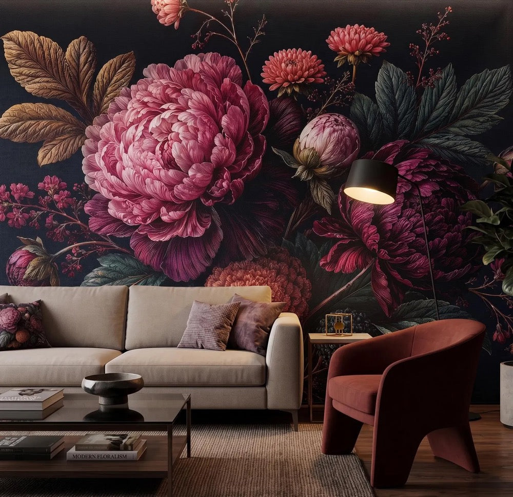 Dark Moody Floral Wallpaper Giant Peony Mural Maximalist Decor Peel and Stick
