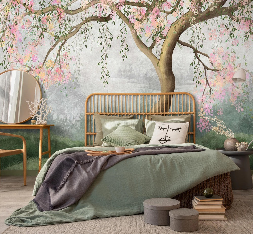 Watercolor Tree Floral Wallpaper, Green Leaves, Pink Flowers, Peel and Stick