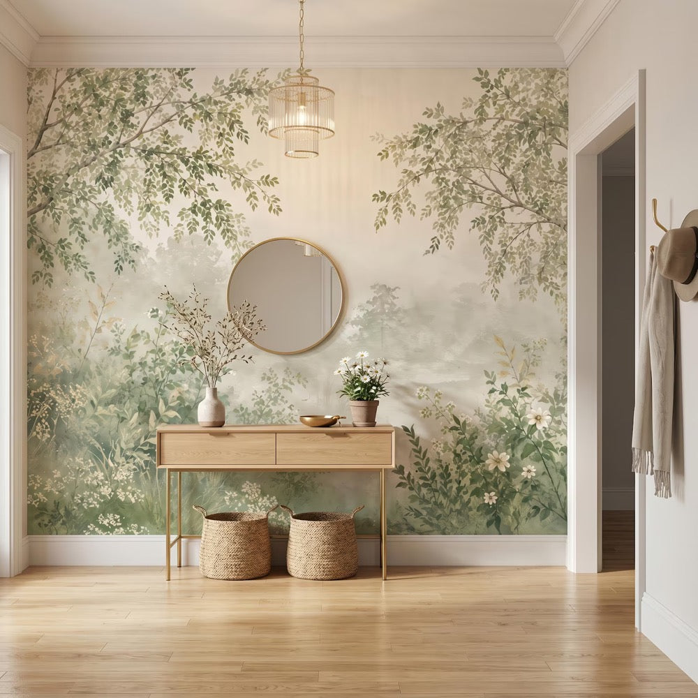 Sage Green Watercolor Forest Wallpaper, Misty Trees, Serene Japandi Bedroom Decor Peel and Stick