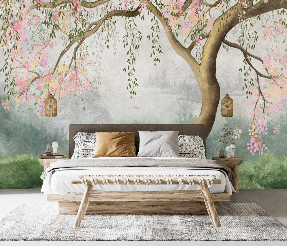 Watercolor Tree Floral Wallpaper, Green Leaves, Pink Flowers, Peel and Stick