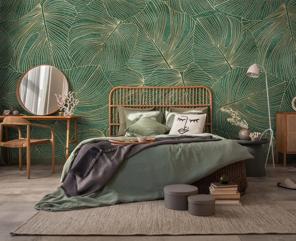 Emerald Green Tropical Leaf Wallpaper | Luxury Palm Mural