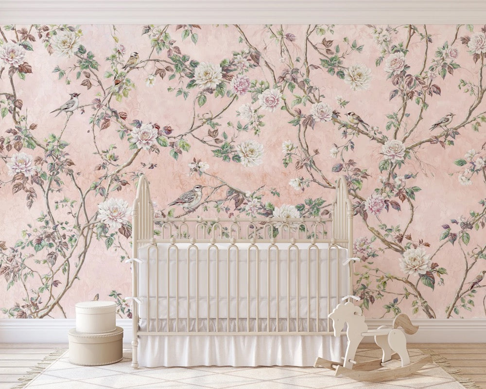 Pink Chinoiserie Wallpaper, Bedroom Wall Paper Mural, Girls Room Wallpaper, Birds White Flowers Wallpaper, Self Stick Mural Wallpaper