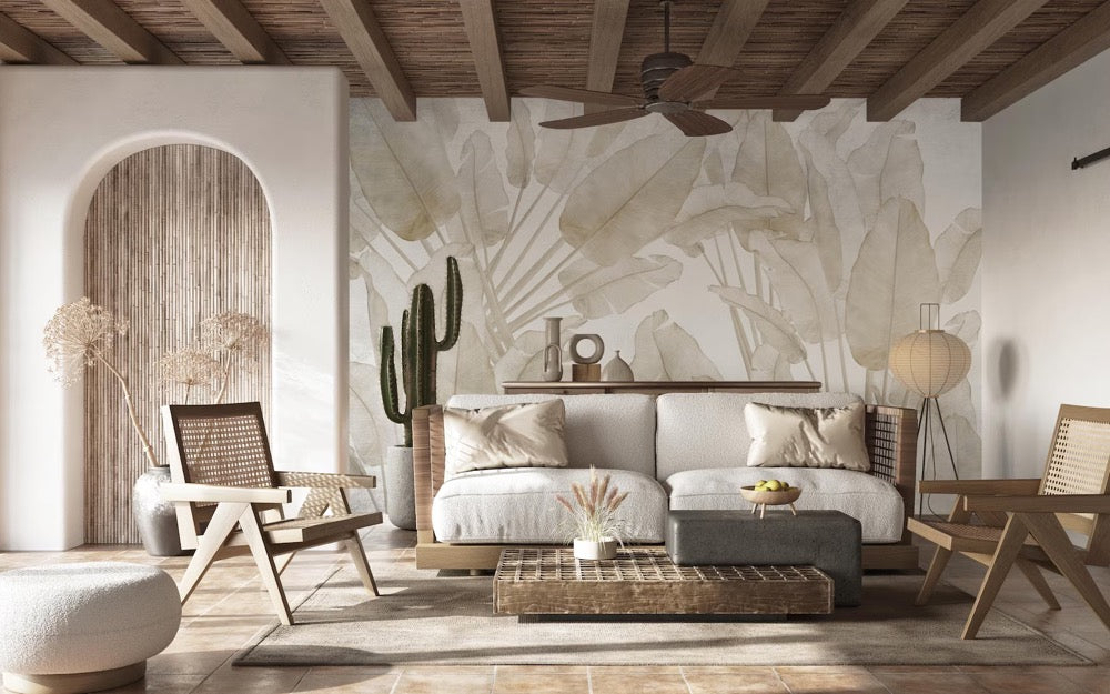 Beige Banana Leaves Wallpaper Mural, Tropical Wall Print