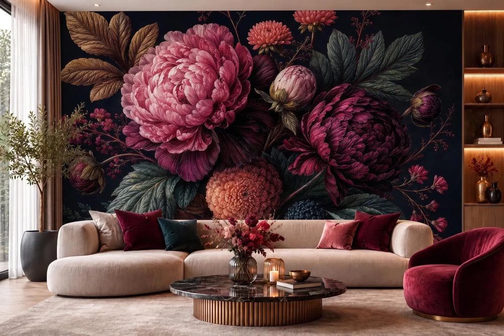 Dark Moody Floral Wallpaper Giant Peony Mural Maximalist Decor Peel and Stick