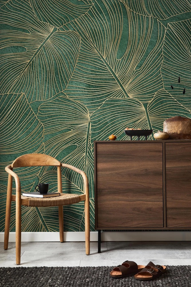 Emerald Green Tropical Leaf Wallpaper | Luxury Palm Mural