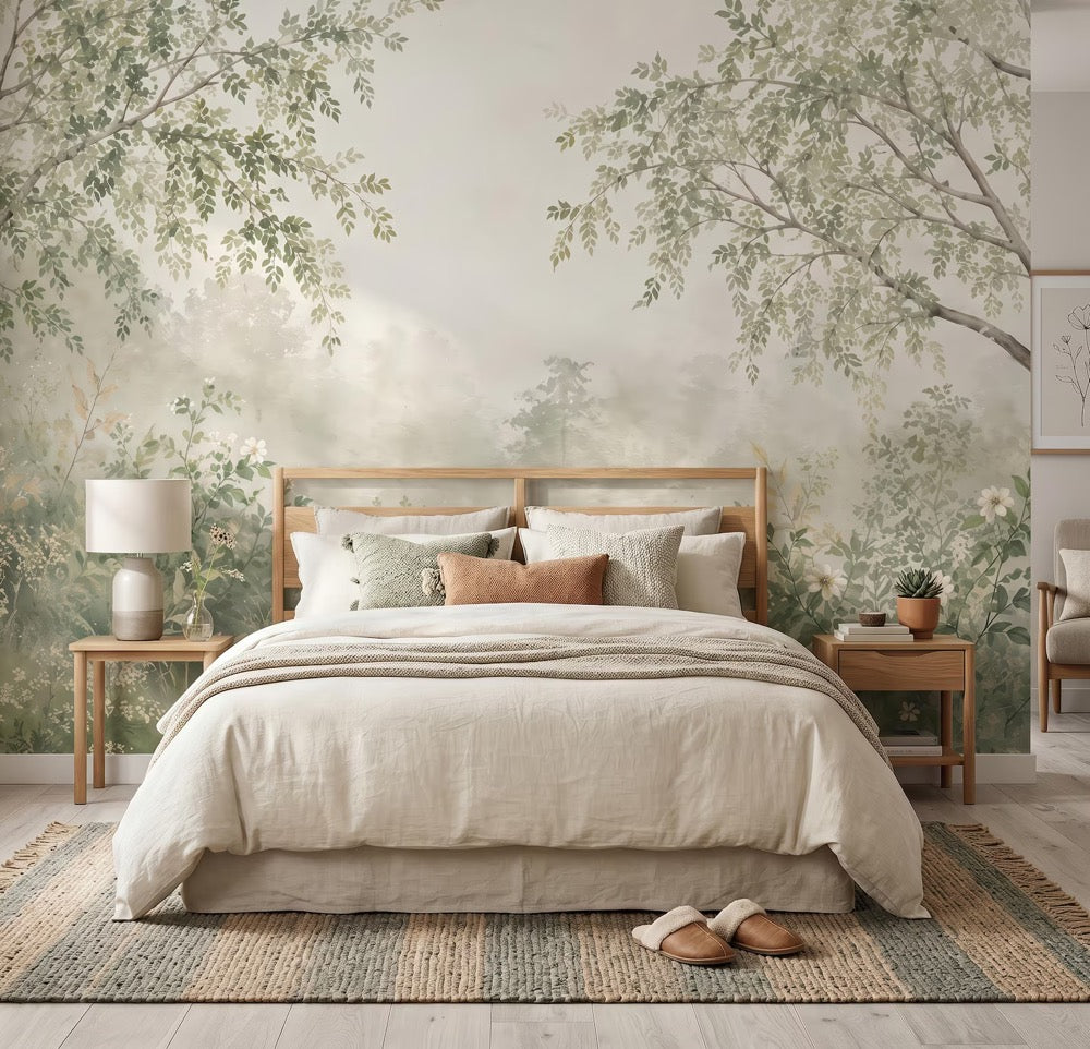Sage Green Watercolor Forest Wallpaper, Misty Trees, Serene Japandi Bedroom Decor Peel and Stick