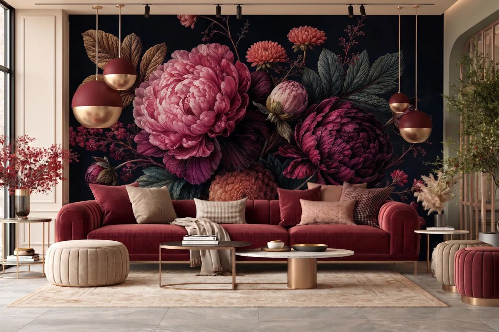 Dark Moody Floral Wallpaper Giant Peony Mural Maximalist Decor Peel and Stick