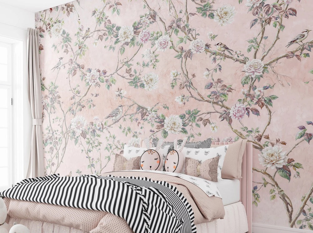 Pink Chinoiserie Wallpaper, Bedroom Wall Paper Mural, Girls Room Wallpaper, Birds White Flowers Wallpaper, Self Stick Mural Wallpaper
