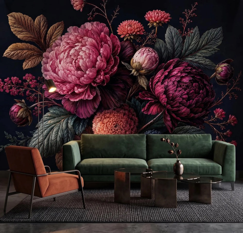Dark Moody Floral Wallpaper Giant Peony Mural Maximalist Decor Peel and Stick