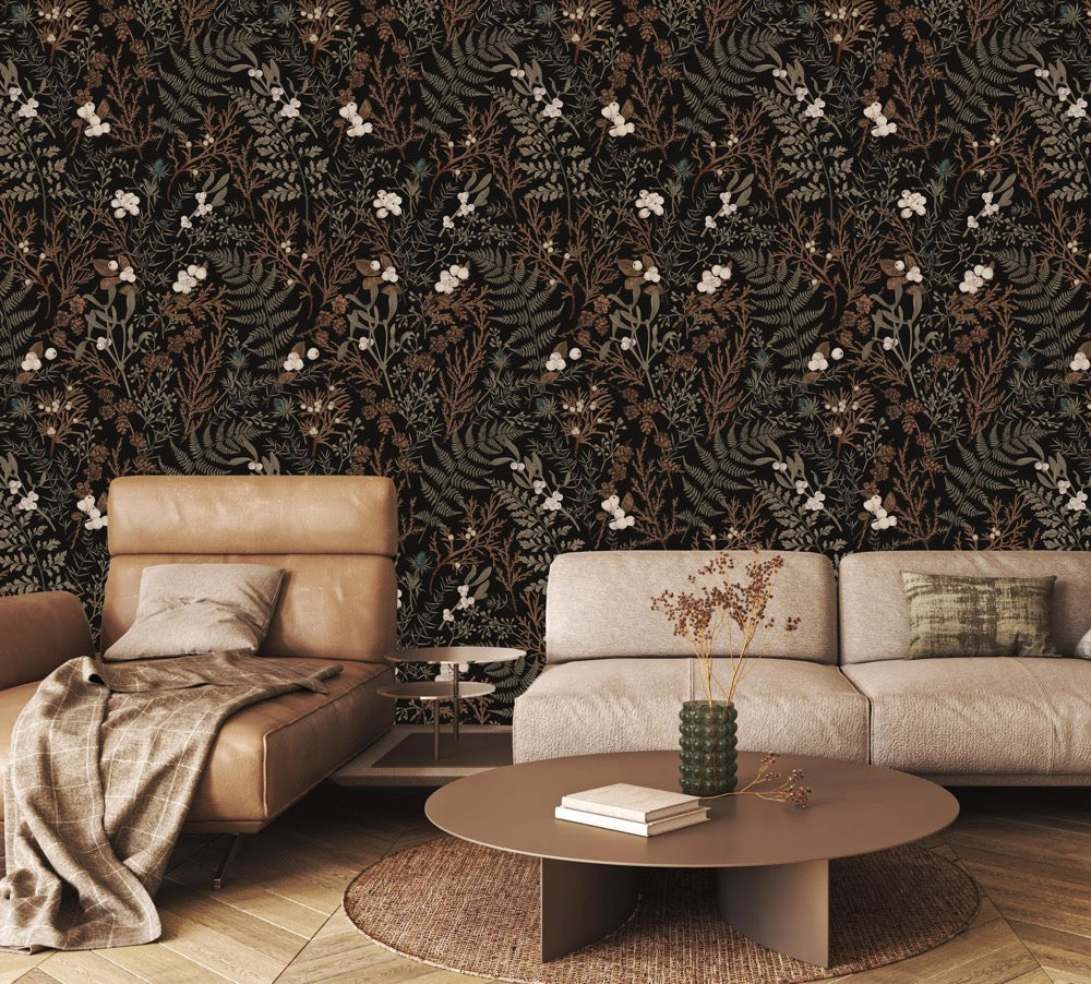 Dark Floral Leaf Wallpaper Mural, Peel and Stick Wall Decal