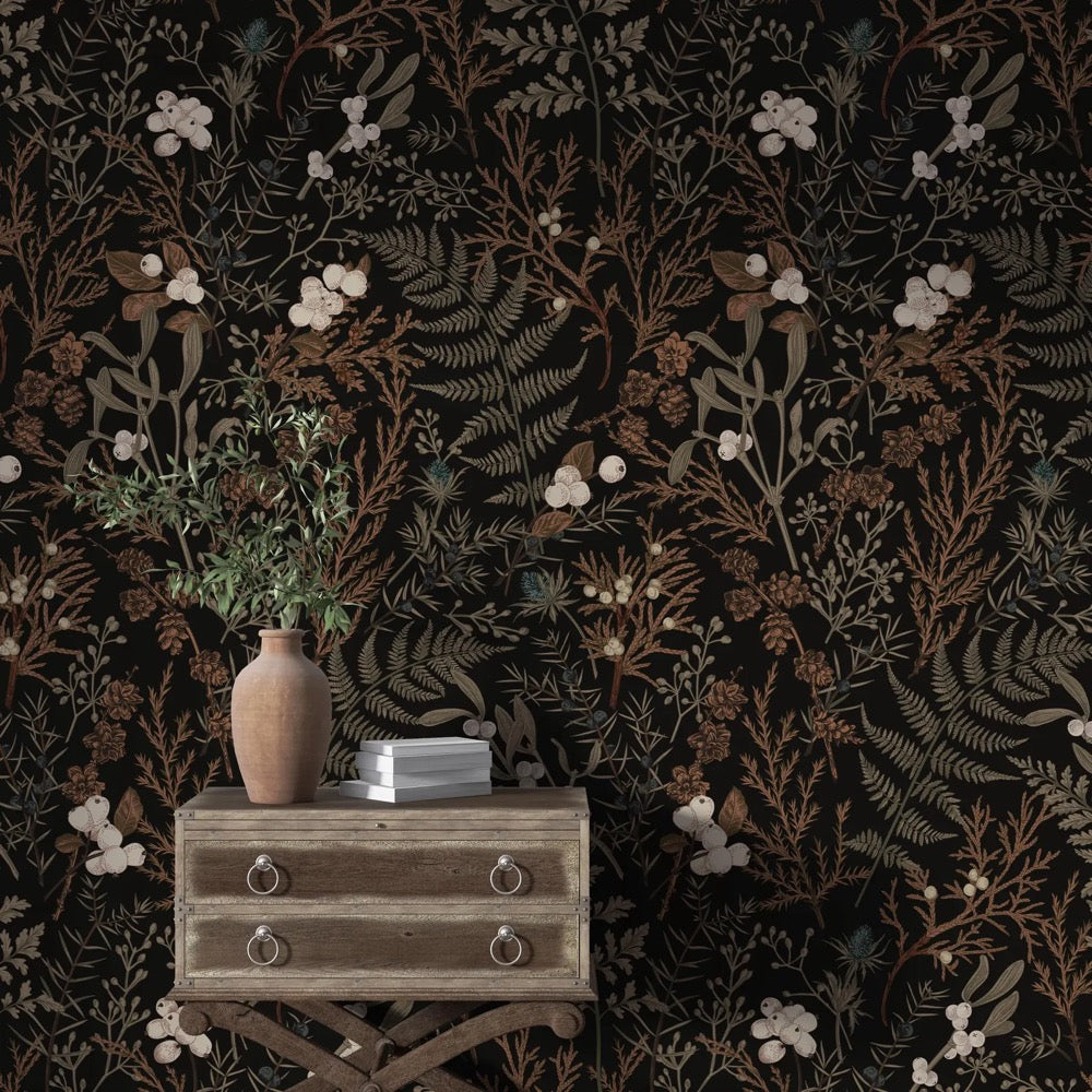 Dark Floral Leaf Wallpaper Mural, Peel and Stick Wall Decal