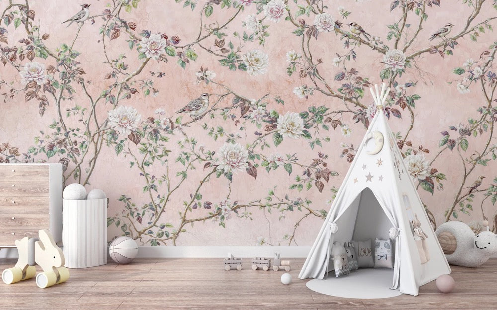 Pink Chinoiserie Wallpaper, Bedroom Wall Paper Mural, Girls Room Wallpaper, Birds White Flowers Wallpaper, Self Stick Mural Wallpaper