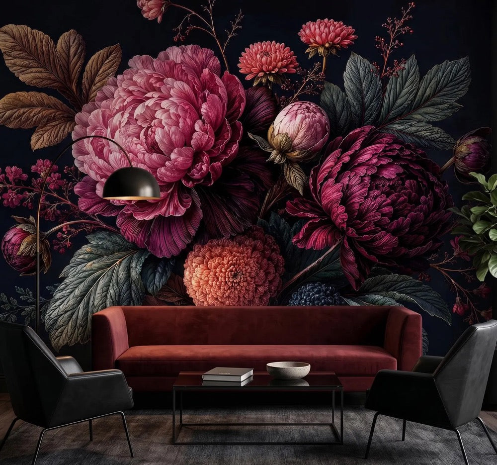 Dark Moody Floral Wallpaper Giant Peony Mural Maximalist Decor Peel and Stick