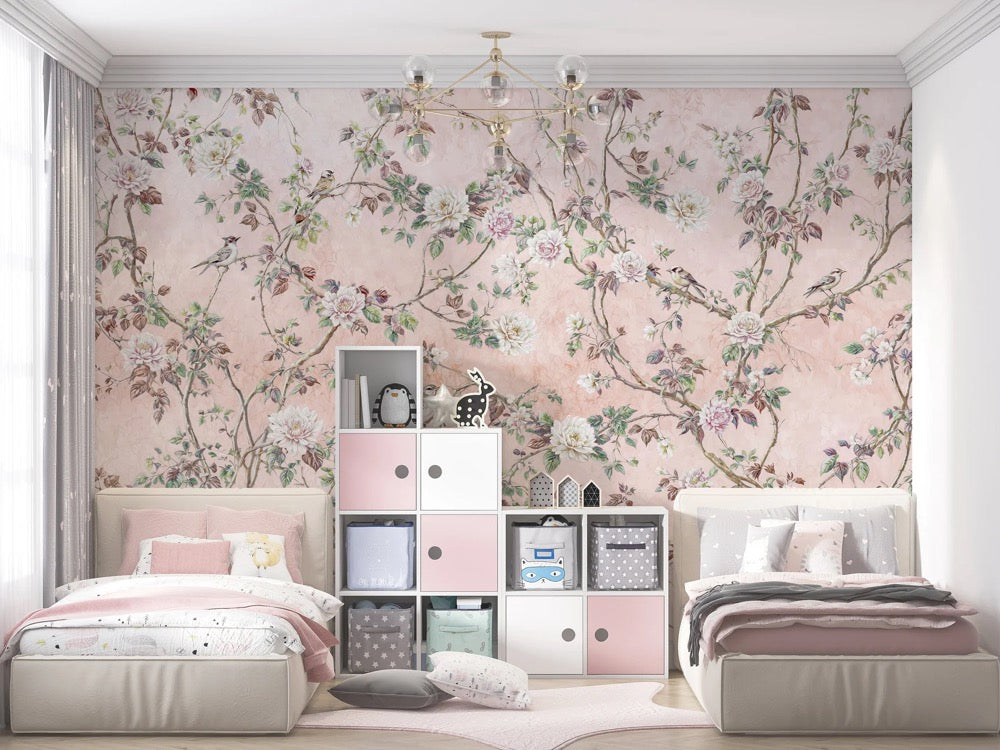 Pink Chinoiserie Wallpaper, Bedroom Wall Paper Mural, Girls Room Wallpaper, Birds White Flowers Wallpaper, Self Stick Mural Wallpaper