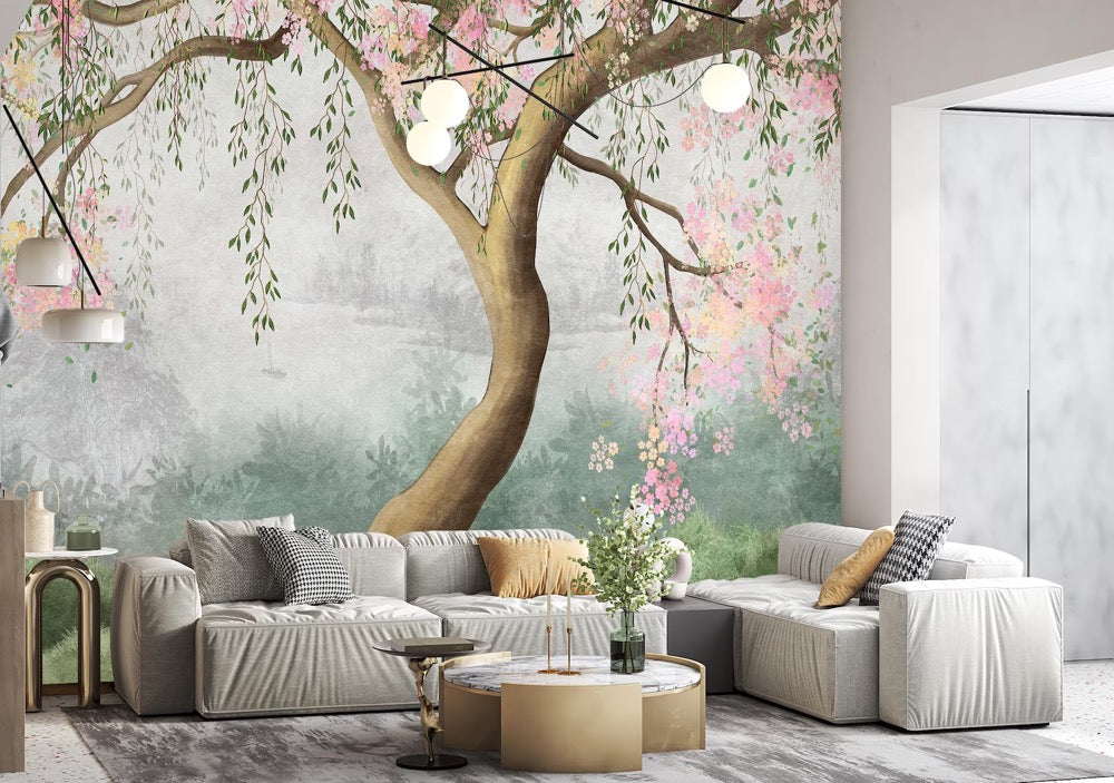 Watercolor Tree Floral Wallpaper, Green Leaves, Pink Flowers, Peel and Stick