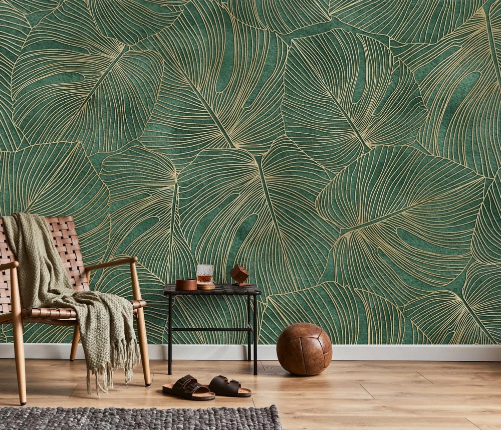 Emerald Green Tropical Leaf Wallpaper | Luxury Palm Mural