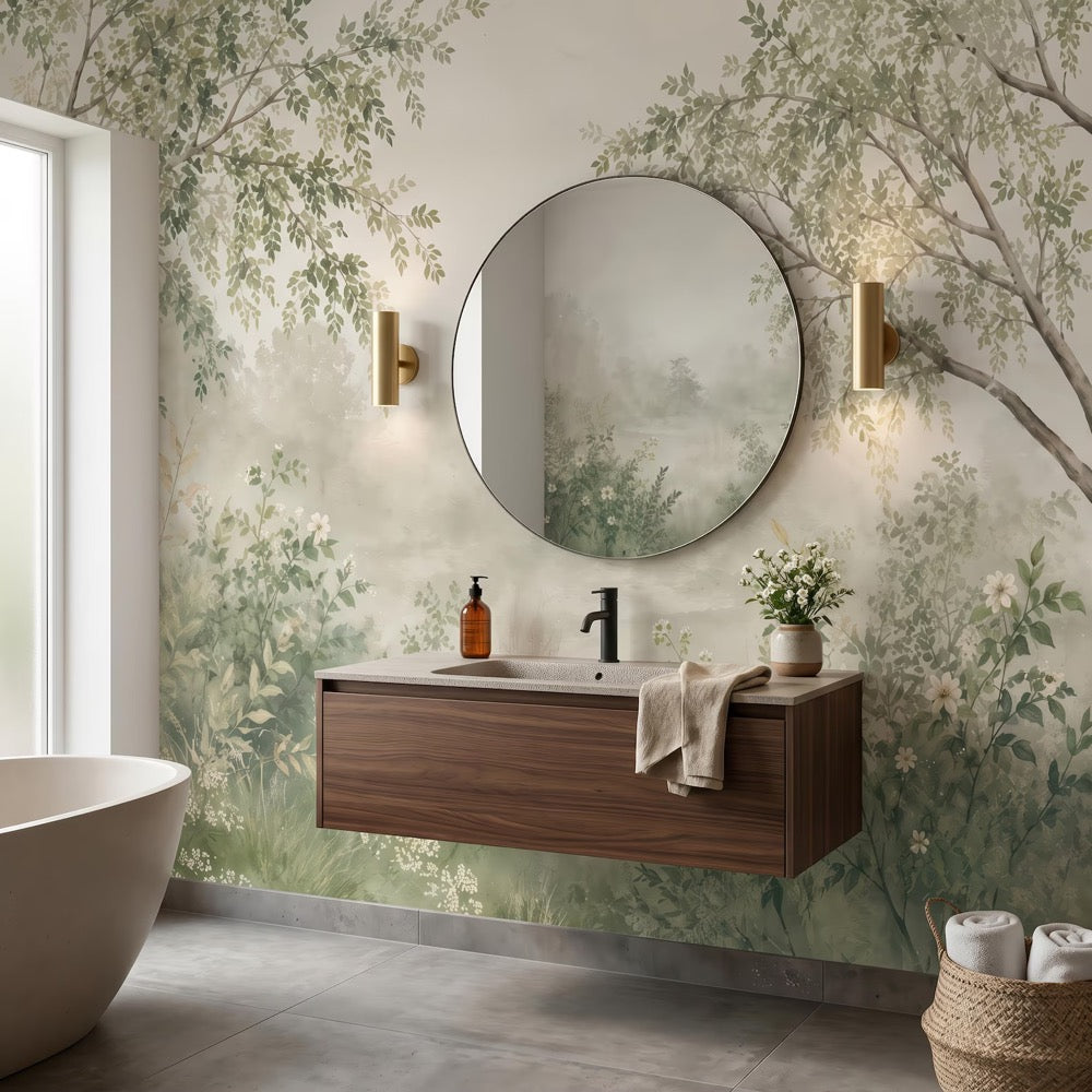 Sage Green Watercolor Forest Wallpaper, Misty Trees, Serene Japandi Bedroom Decor Peel and Stick