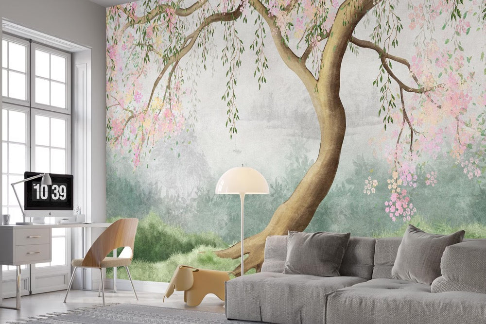 Watercolor Tree Floral Wallpaper, Green Leaves, Pink Flowers, Peel and Stick