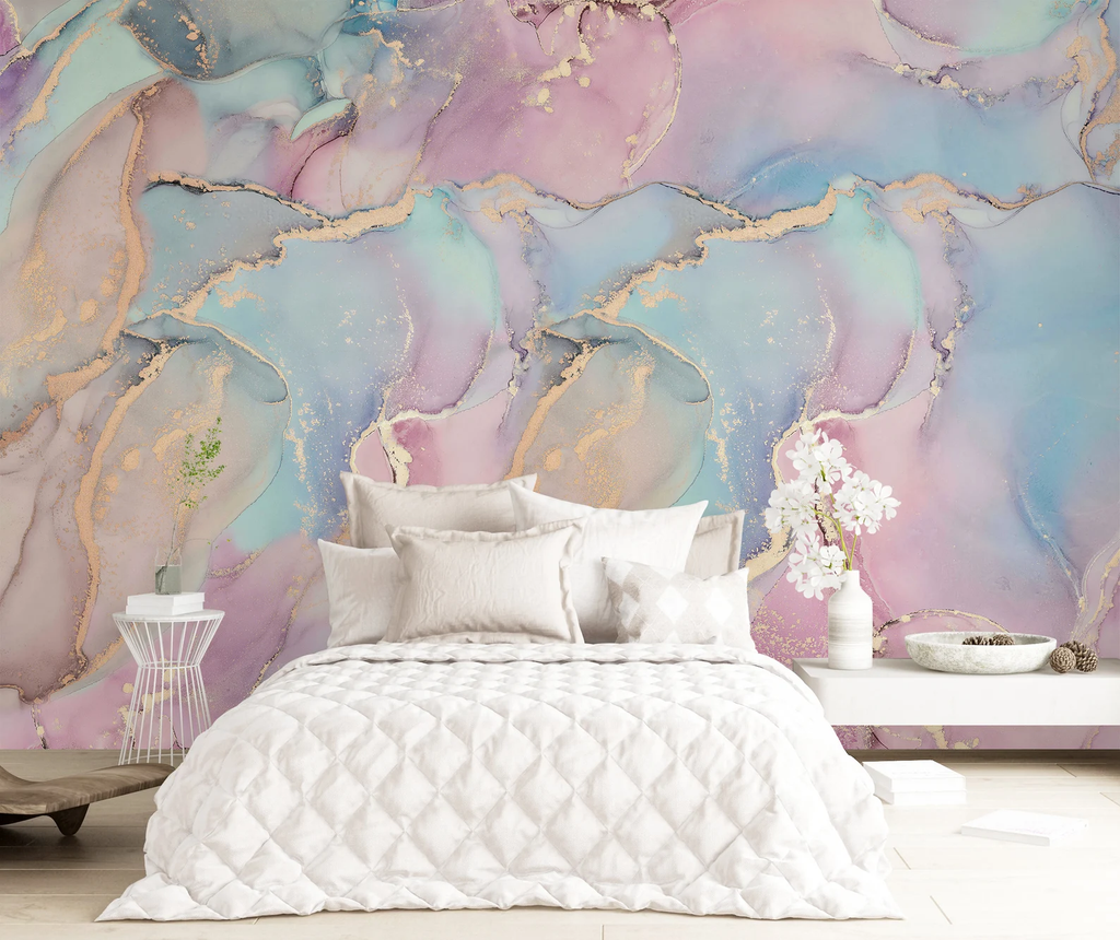 Pastel Marble Wallpaper Mural, Blue Pink Gold, Peel and Stick