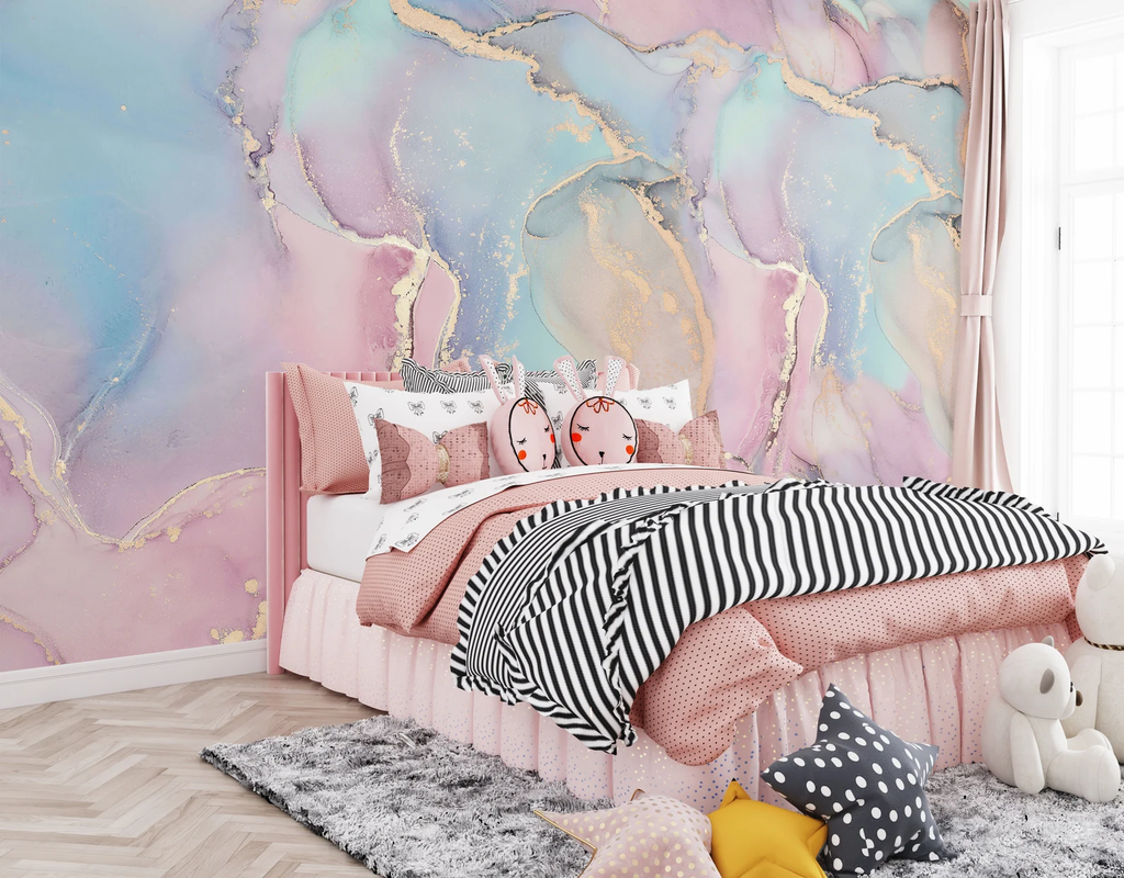 Pastel Marble Wallpaper Mural, Blue Pink Gold, Peel and Stick